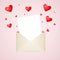 Postal envelope with piece of paper and red hearts for greeting with Valentine Day or for your wedding invitations