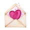 Postal envelope for Valentine day with Hearts Flying Away. Greeting card concept. Pink stripe inside, beautiful romantic