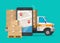 Postal logistic service or courier freight transportation delivery vector, flat cartoon cargo truck automobile with