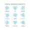 Postal service advantages turquoise concept icons set