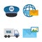 postal service, courier delivery icons set uniform cap world mail truck and envelope