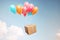 Postal service, shop delivery and online shopping, flying balloons carrying a parcel box, generative ai