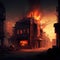 postapocalyptic city with burning remains of buildings and houses