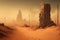 postapocalyptic city covered in dust, with only the tallest buildings visible