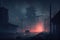 postapocalyptic city with dense fog, giving it an eerie and mysterious atmosphere