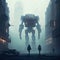 postapocalyptic city inhabited by robots and cyborgs in fog