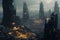 Postapocalyptic cityscape dominated by colossal