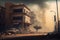 postapocalyptic cityscape with view of massive dust storm, broken glass and rubble in the streets