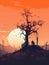 A postapocalyptic landscape dotted with ruins and despair a skeletal tree in the foreound an orange sky in the backound