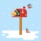 Postbox and bird for christmas winter theme poster flat style