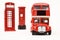 Postbox and red telephone box with red bus