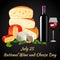 Postcard 25 July International Day Wine and Cheese with bottle and glass of cheese and grapes