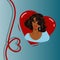 Postcard with african american girl and heart. Cute African American Woman on Happy Valentine Day Heart Shape Template