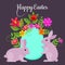 Postcard allusive to Easter, with symbolic elements such as bunny, egg and flowers.