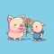 Postcard baby animal gives a flower to mom. illustrative minimalistic image.