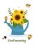 Postcard bouquet of sunflowers in a blue watering can and four cute bees on a white background. Vector illustration