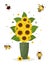 Postcard bouquet of sunflowers in a green vase and four cute bees on a white background. Vector illustration, cartoon