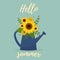 Postcard bouquet of sunflowers and leaves in a blue garden watering can against the green background . Hello Summer