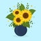 Postcard bouquet of sunflowers and leaves in blue vase for flowers on light background. Vector illustration