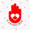 Postcard Canada Day. white heart and red maple leaf on a red hand, symbol of Canada