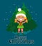 Postcard in cartoon style and text Merry Christmas. An elf with a bell stands against the background of Christmas trees