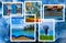 Postcard collage of Colorful Blue Travel Photos. USA