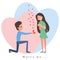 A postcard of a couple in love. The guy proposes to the girl. Valentines Day, hearts, flat cartoon characters