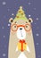 Postcard with cute bear in glasses in hat with Christmas tree and gift on purple background with snowflakes. Vertical