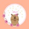 Postcard with cute brown bear with flowers on a pink background and hello. Vector hand drawn illustration.