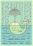 Postcard with cute careless whale baby swimming in the sea under rain making umbrella out of his fountain. Flat style design conce