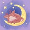 Postcard cute cartoon deer sleeping on the moon.