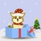 Postcard with cute dog corgi in Santa hat and scarf, sits in a gift box next to the Christmas tree.