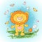 Postcard cute lion cub flowers and butterflies. Cartoon style