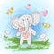 Postcard cute little elephant flowers and butterflies. Cartoon style