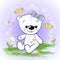 Postcard cute polar bear flowers and butterflies. Cartoon style