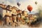 Postcard design with large balloons flying over a rural town. watercolor Generative AI illustration. , posters.