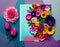 Postcard. Flowers are beautiful on a blue background. Top view