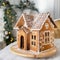 Postcard gingerbread house. Defocused lights of Christmas tree. Holiday mood. Christmas and Happy new year.