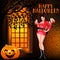 Of a postcard on Halloween girl window and pumpkin