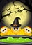 Postcard Halloween. Witches brews a magic potion in cauldron.