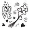 Postcard icon with hearts balls word love. Black and white vector image isolated