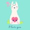 Postcard with the image of a white llama holding a heart, birthday, day of all lovers