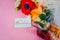 postcard , Internet banner with a birthday greeting, with the inscription - happy birthday, a bouquet of flowers with a note of