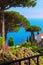 Postcard overlooking the Gulf of Salerno in the Tyrrhenian Sea from the Villa Rufolo Gardens in Ravello, Campania, Italy