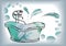 Postcard painted antique bath with floor mixer, in vector with w
