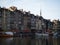 Postcard panorama of old historic building facades in port harbor of fishing village town Honfleur Normandy France