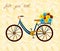 Postcard for person, who love bike and woman alike. City bicycle with flowers in basket. Romantic background with hearts and flowe