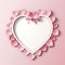 Postcard pink, heart-shaped,decorated with flowers on the edge,Valentine pastel tones sweet pink romantic background,Generated AI