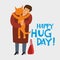 Postcard poster Happy Hug Day. Woman hugs with a cat