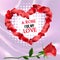 Postcard with red rose and heart petals on silk background
